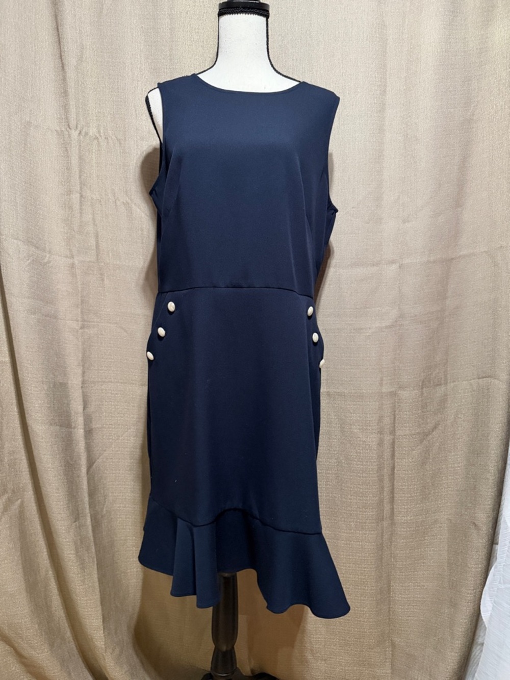 LOFT Navy Sleeveless Dress with Ruffle Hem and Side Buttons